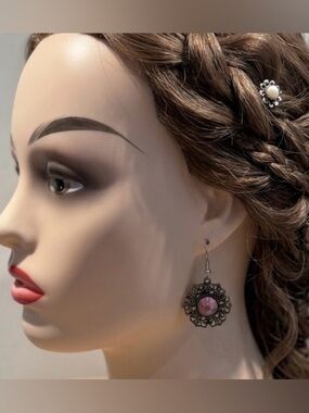 Whimsigoth Filigree Drop Earrings Purple Faux Stone Burnished Silver Tone